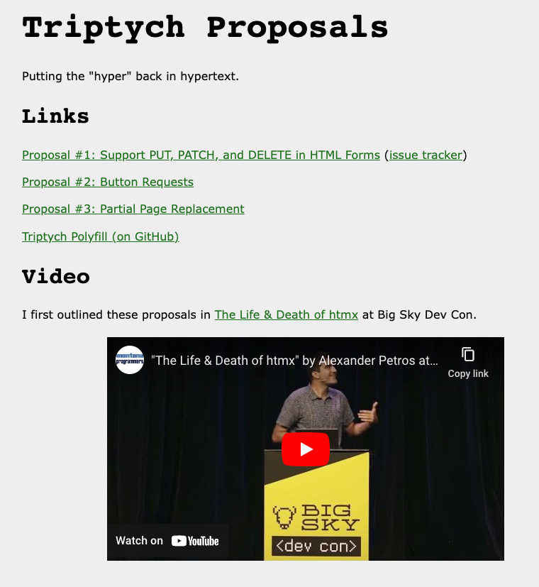 the three proposals of triptych:

 - support PUT, PATCH &amp; DELETE
- make buttons stand alone hypermedia controls
- allow partial element replacement

alexanderpetros.com/triptych/

one formal proposal done, two more to go, hopefully we can get HTML moving as a hypermedia again!