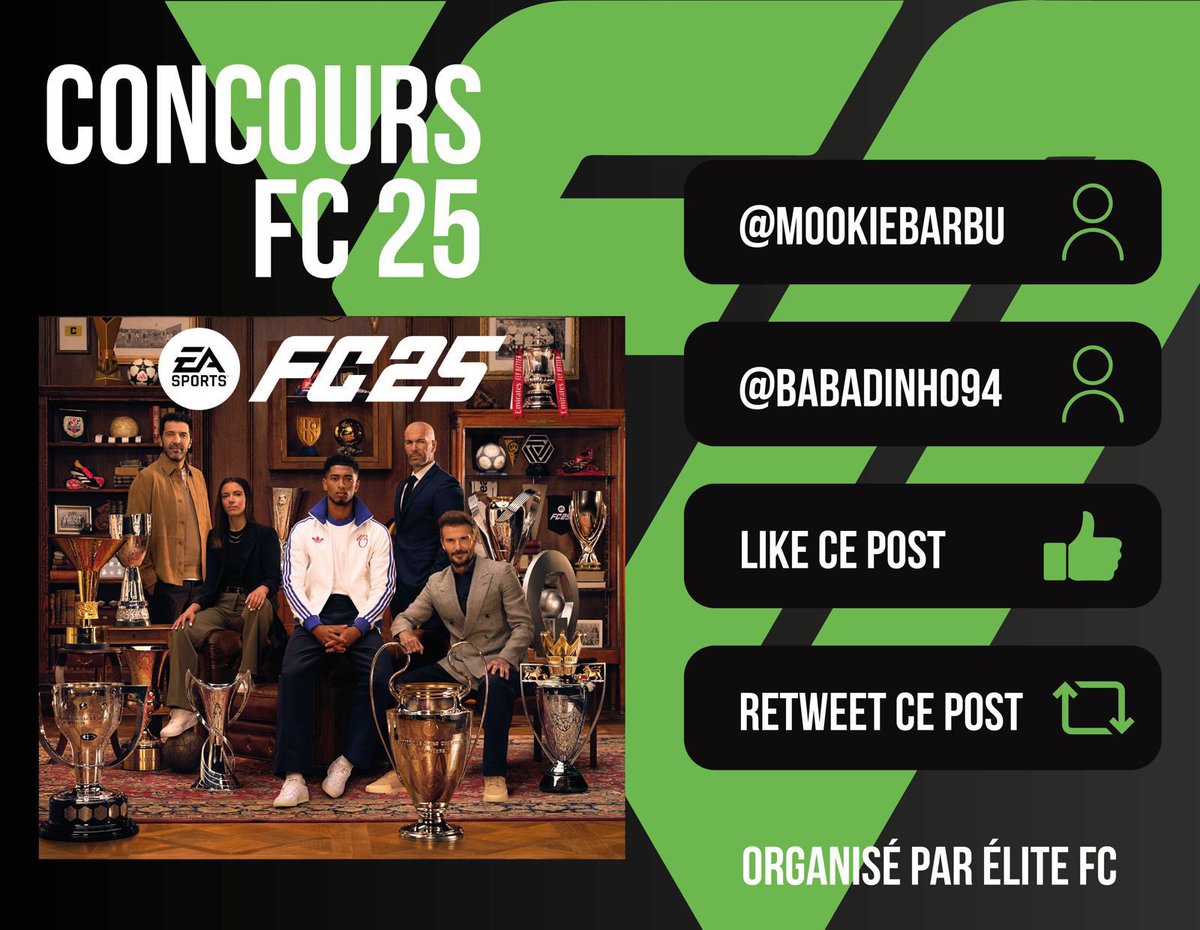MookieBarbu's tweet photo. 🚨CONCOURS EA FC 25

Pour fêter le lancement de l’Elite FC, tentez de gagner le jeu EA FC 25 sur la console de votre choix. 

✅ RT, Like + follow @MookieBarbu et @Babadinho94 😜

👥 Mentionne un(e) ami(e) en réponse.

🏅TAS 2/09/24

👀 D’autres cadeaux… 🔜

#EAFC25 https://t.co/y9ZxNW3l4Z