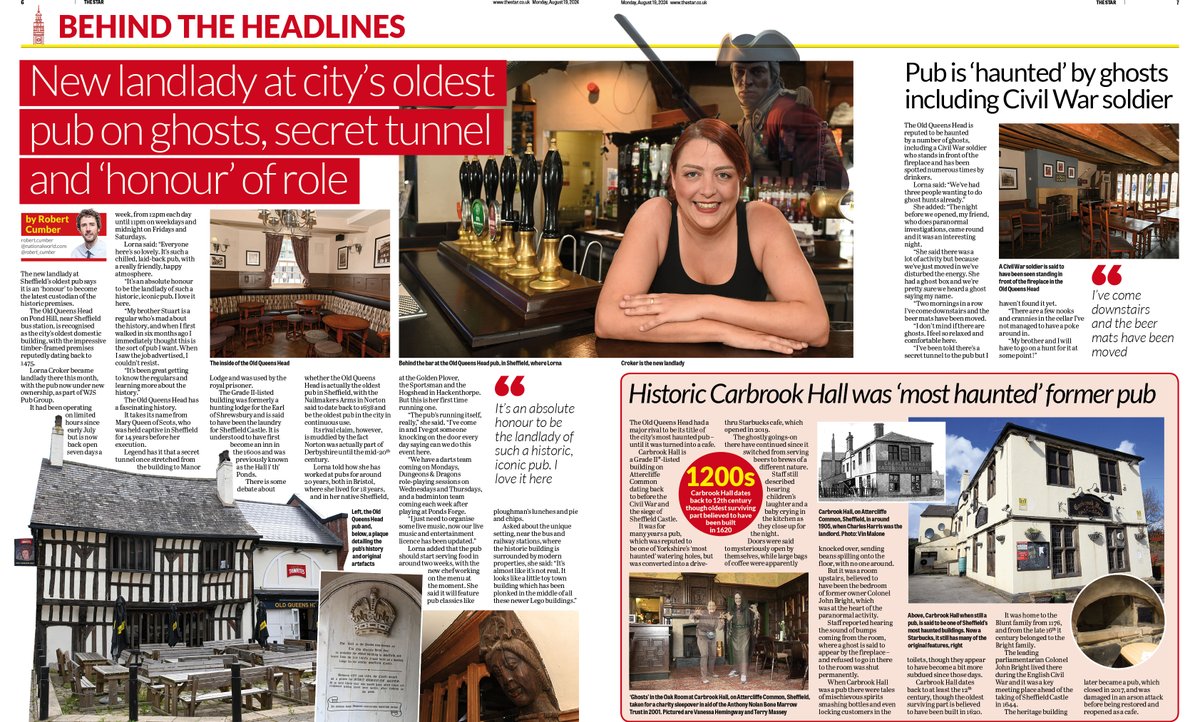 Nice work by <a href="/DeanMellor21/">Dean Mellor</a> for this <a href="/SheffieldStar/">The Star, Sheffield</a> spread showcasing a <a href="/robert_cumber/">Robert Cumber</a> interview with Lorna Croker, new landlady of <a href="/Old_Queens_Head/">Old Queens Head Sheffield</a>, said to be the city's oldest pub, which is believed to have once been the laundry house for <a href="/SheffieldCastle/">Sheffield Castle</a>. #newspapers #Landlady