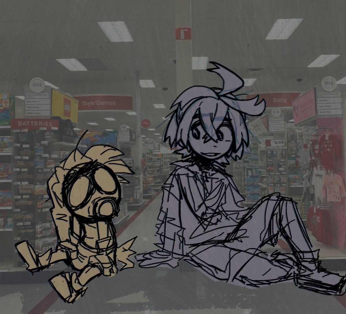 believe it or not, yes there is context behind this finger drawing of plant boy (deku link, majora's mask) and ape boy (kieran, pokemon scarlet/violet dlc) chilling in a target as best buddies.