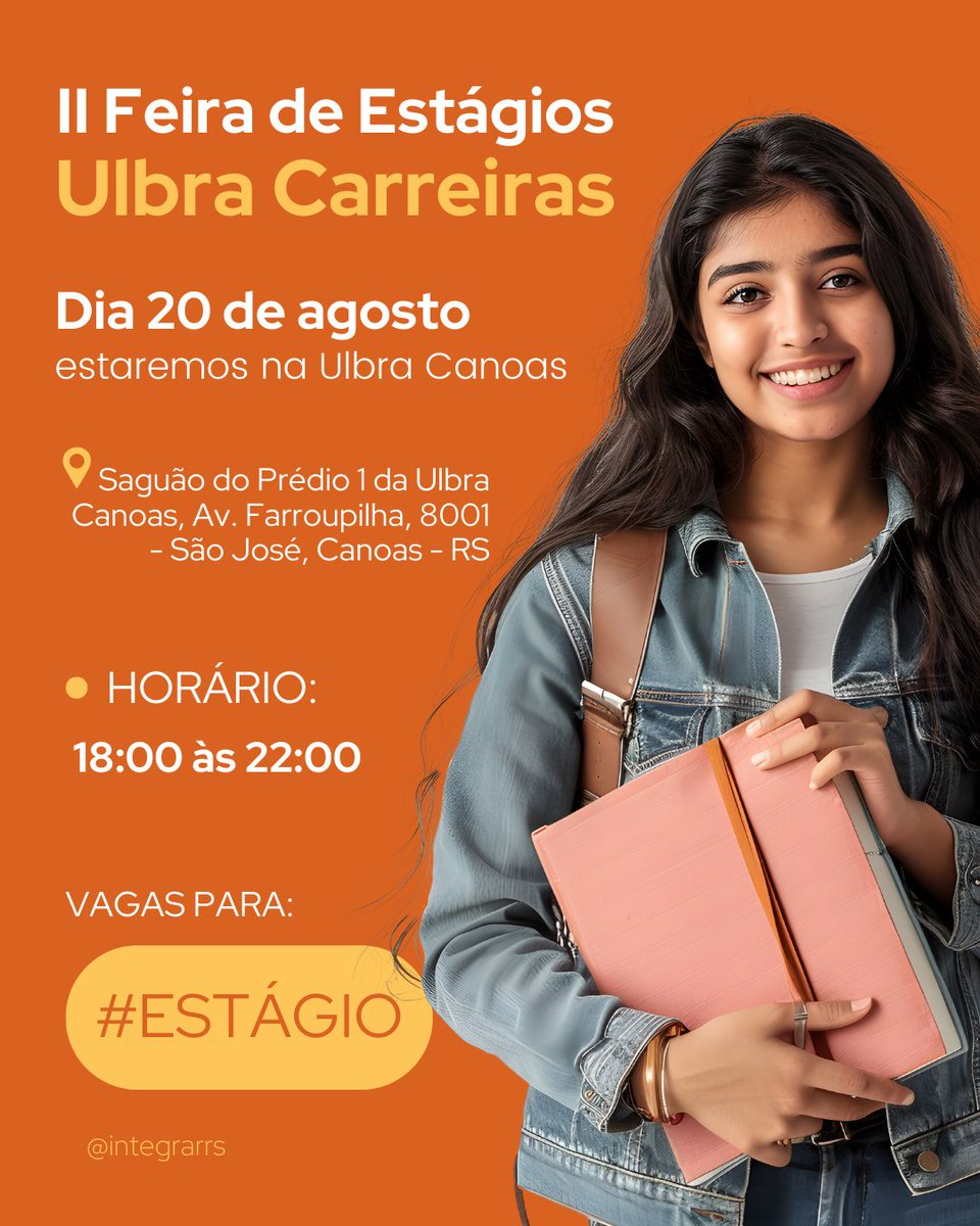 rhintegrar's tweet photo. Ei, estudante, atualize seu currículo e venha! 🧡

Nos dias 20 e 21/08/24, nós da INTEGRAR-RS estaremos presente na II Feira de Estágios Ulbra Carreiras!

📍Saguão do Prédio 1 da Ulbra Canoas - RS

⏰ Horários:
Dia 20, das 18h às 22:00
Dia 21, das 09h até 12h e das 14h às 21h30 https://t.co/ZEgufpDQmn