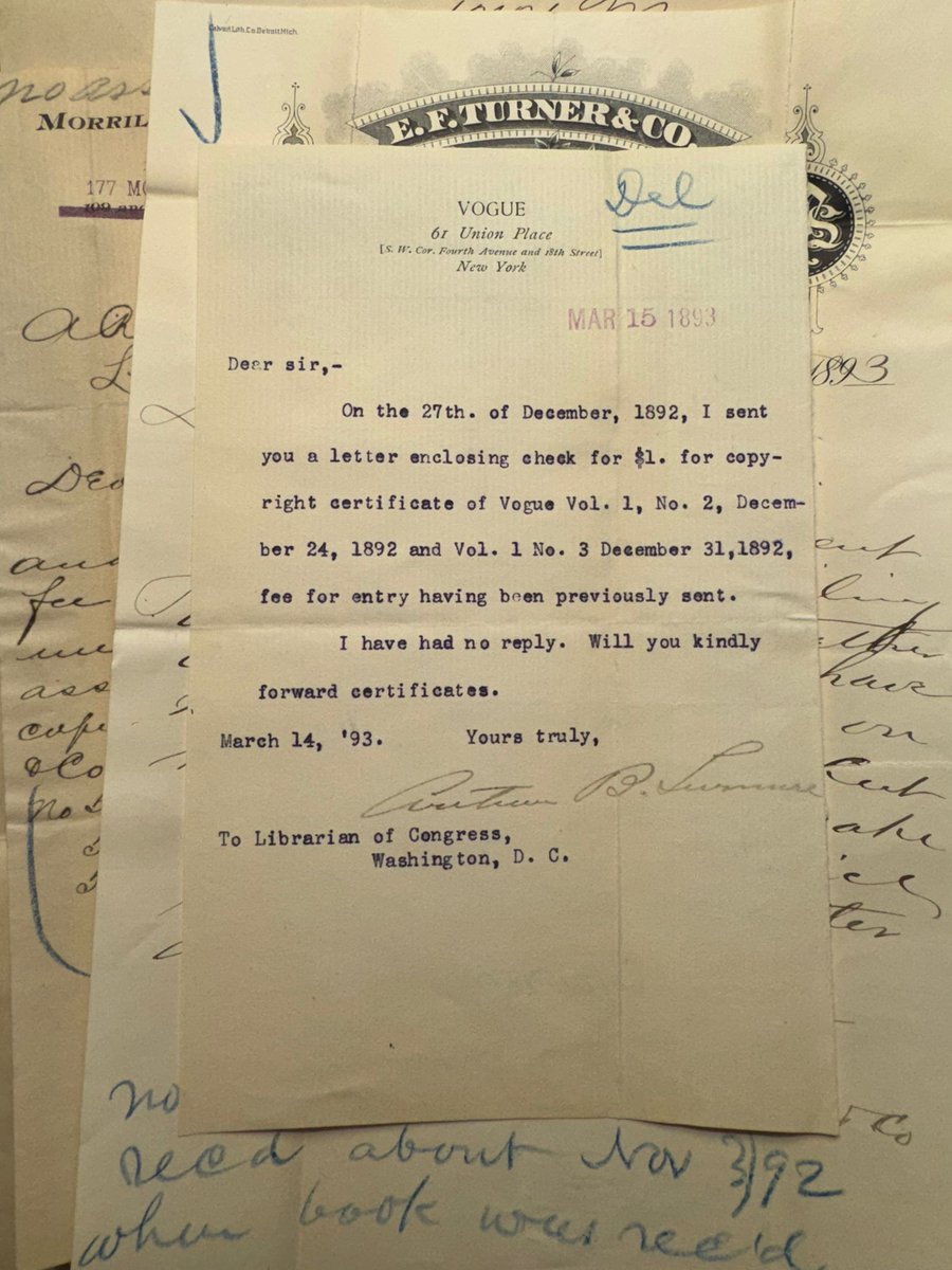 Zvi S. Rosen (@zvisrosen) on Twitter photo Correspondence from <a href="/voguemagazine/">Vogue Magazine</a> to <a href="/librarycongress/">Library of Congress</a> getting obviously frustrated in the delay in receiving the copyright certificate for their first issue in 1893. Sent to me by Claudy Op Den Kamp working in the LC Rare Book Room. Correspondence from <a href="/voguemagazine/">Vogue Magazine</a> to <a href="/librarycongress/">Library of Congress</a> getting obviously frustrated in the delay in receiving the copyright certificate for their first issue in 1893. Sent to me by Claudy Op Den Kamp working in the LC Rare Book Room.