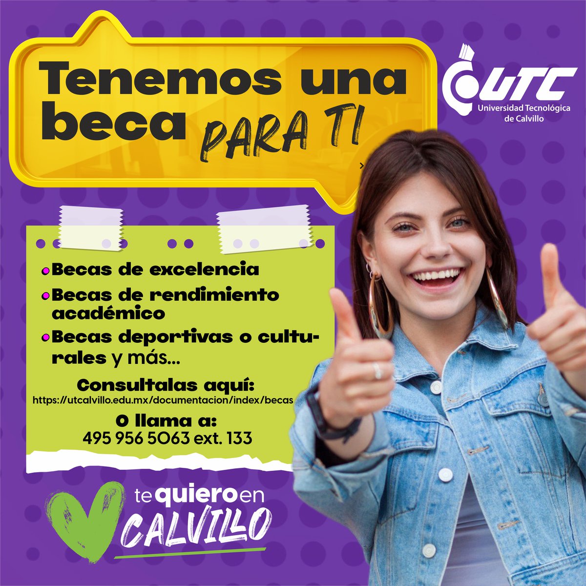 ¡ESTA OPORTUNIDAD ES PARA TI! 🤩🫵🏻

¿Sabías que la #UTCalvillo tiene becas especiales esperándote? 💥 Descubre cómo puedes aprovechar esta oportunidad👇 

#TeQuieroEnCalvillo💚 
#BecasUTC