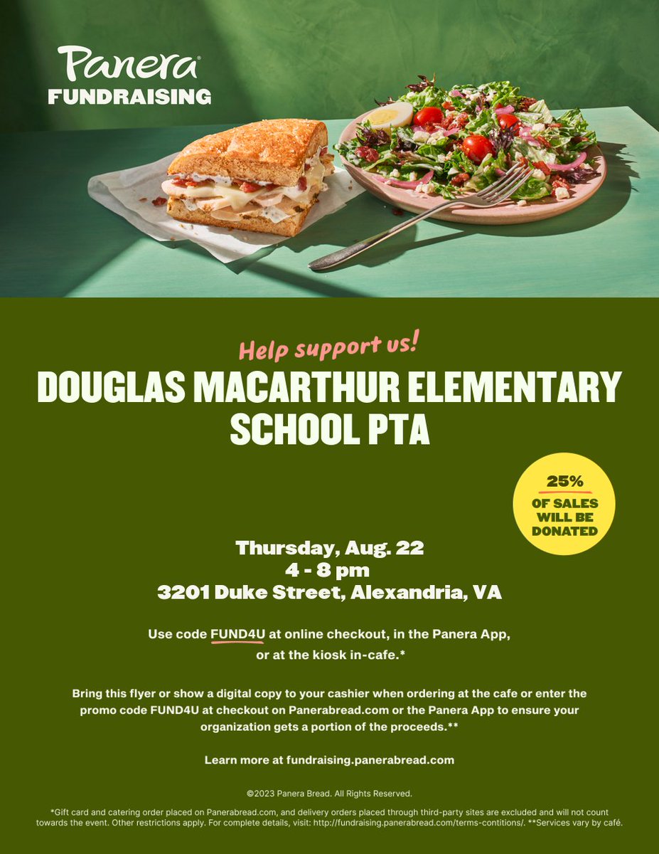 DMacPTA (@dmacpta) on Twitter photo Busy parents, need a break?๐ฝ๏ธ Order Panera on Thurs Aug 22 & support our <a href="/MacArthurACPS/">MacArthur ACPS ๐ซ</a> PTA! Show this post & 25% of your purchase helps our students & teachers. Let's make our 1st fundraiser a success! Use code FUND4U online. Share & enjoy!
#MacArthurACPS #dmacpta #panerabread Busy parents, need a break?๐ฝ๏ธ Order Panera on Thurs Aug 22 & support our <a href="/MacArthurACPS/">MacArthur ACPS ๐ซ</a> PTA! Show this post & 25% of your purchase helps our students & teachers. Let's make our 1st fundraiser a success! Use code FUND4U online. Share & enjoy!
#MacArthurACPS #dmacpta #panerabread