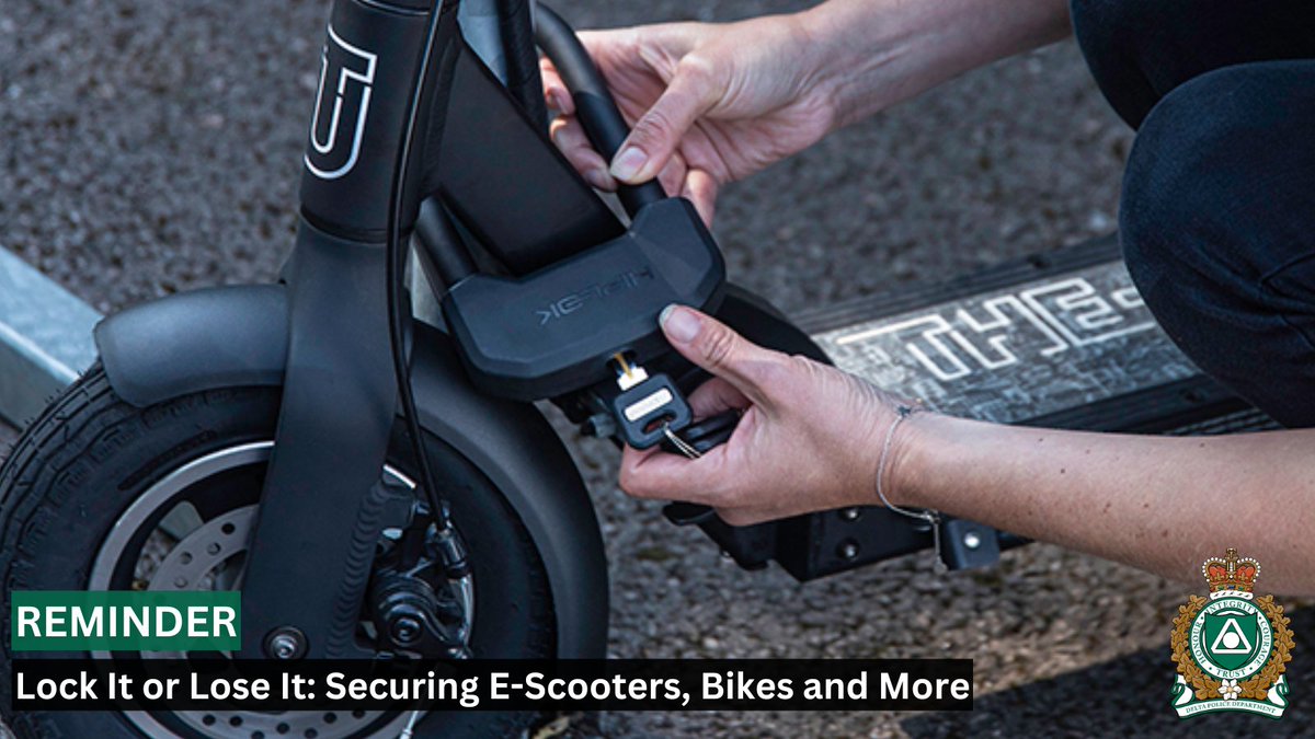 We've had a report of a stolen e-scooter in North Delta. Secure your belongings with these tips:

🔒 Use a sturdy U-lock or chain
🔗 Lock both wheels &amp; frame
💡 Park in well-lit areas
📲 Register with 529 Garage

#LockItOrLoseIt #DeltaPolice #SecureYourRide