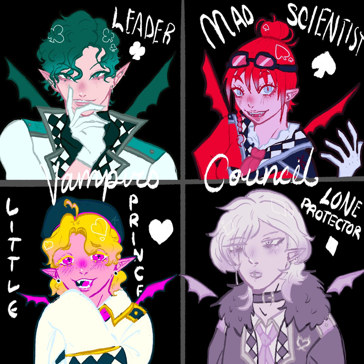 EunHyeTea's tweet photo. Vampire Student Council is officially completed!💚❤️💜🩷

What should their names be? 

#oc #originalcharacter https://t.co/Vn730Ap7LR