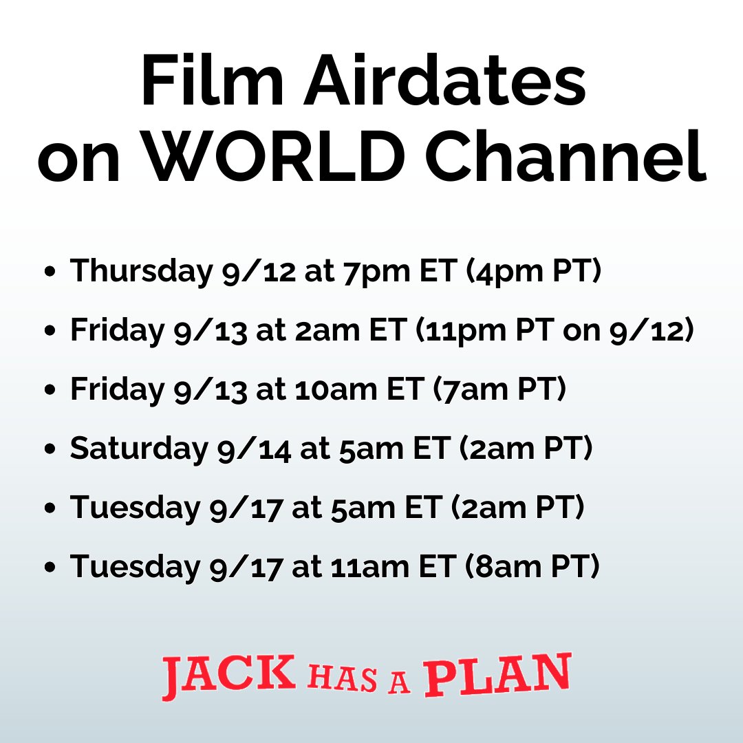 JackDocumentary's tweet image. Exciting news! "JACK HAS A PLAN" will air multiple times in mid-September on the WORLD channel, reaching 77% of households nationwide on at least 86 PBS stations, including WNET, KOCE, and WTTW.

#JackHasAPlan #WORLDChannel #nationalairing