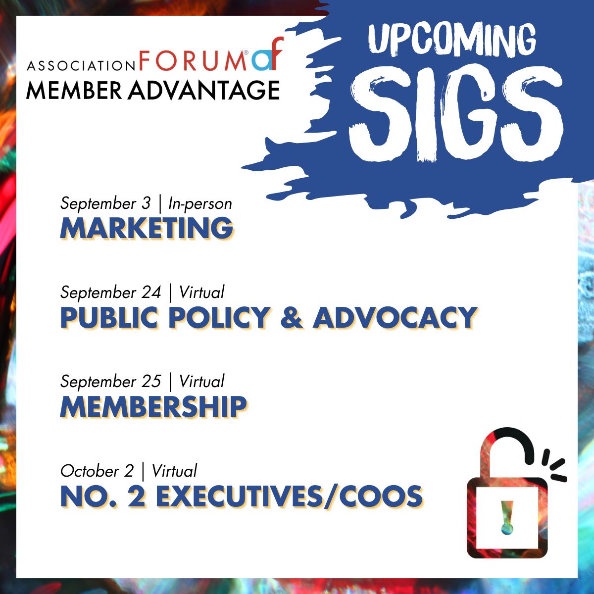 We've got some Shared Interest Groups (SIGs)™ coming in hot, &amp; guess what? They’re 100% FREE for #AssociationForum members! 🙌 It's like the ultimate Member Advantage, &amp; we’re not kidding—just cool people &amp; cool convos (&amp; CEUs too!). Check them out &gt;&gt; bit.ly/3AwvXuV