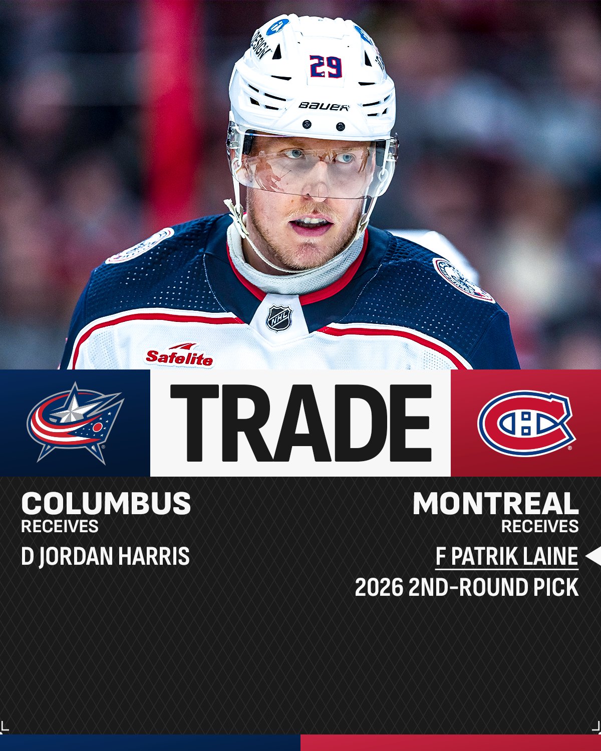 Top: Patrik Laine on ice in a Blue Jackets uniform.  Middle: "Trade" in red text on a white background between the Blue Jackets and Canadiens logos.  Bottom: White text on a dark gray background reads, "Columbus receives D Jordan Harris. Montreal receives receives F Patrik Laine, 2026 second-round pick."