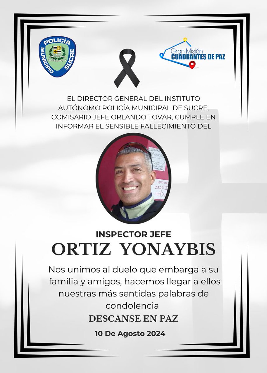 #11agosto | cumplimos con informar el sensible fallecimiento de nuestro compañero de labores y amigo Inspector Jefe ORTIZ YONAYBIS, hacemos llegar a su familiares y amigos nuestras más sentidas palabras de condolencias.  
Paz a su alma.
Honor, lealtad y firmeza!