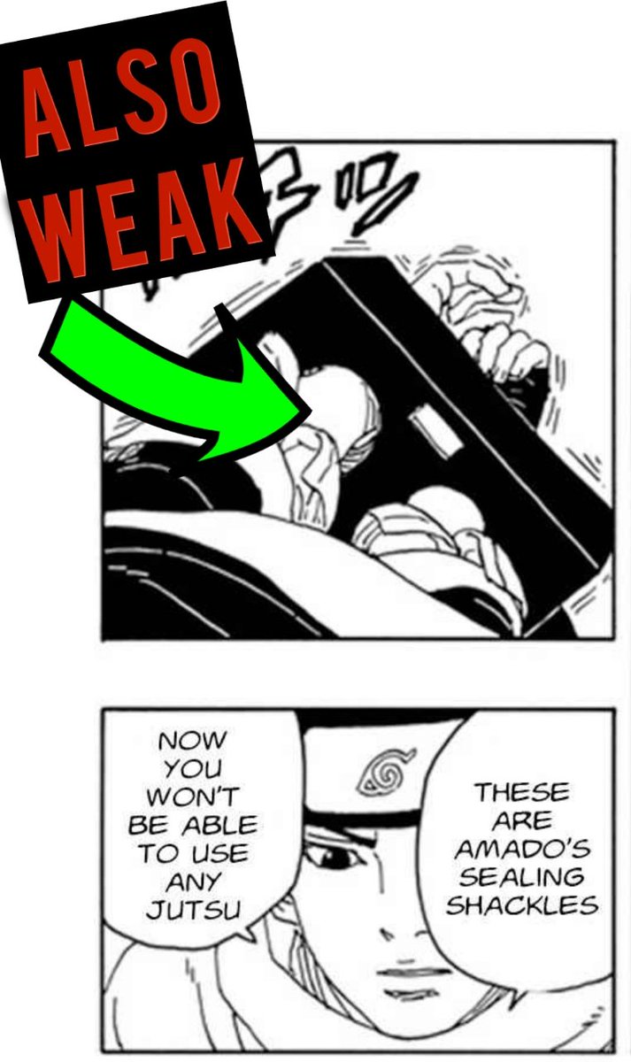 I think there's still a chance for Momoshiki to emerge.

He has shown to bypass the effects of Amado's special pills which reduce the power of byakugan. 

So I won't be surprised if he manages to get rid off these restraining shackles.

#BorutoTwoBlueVortexCh13 
#Boruto