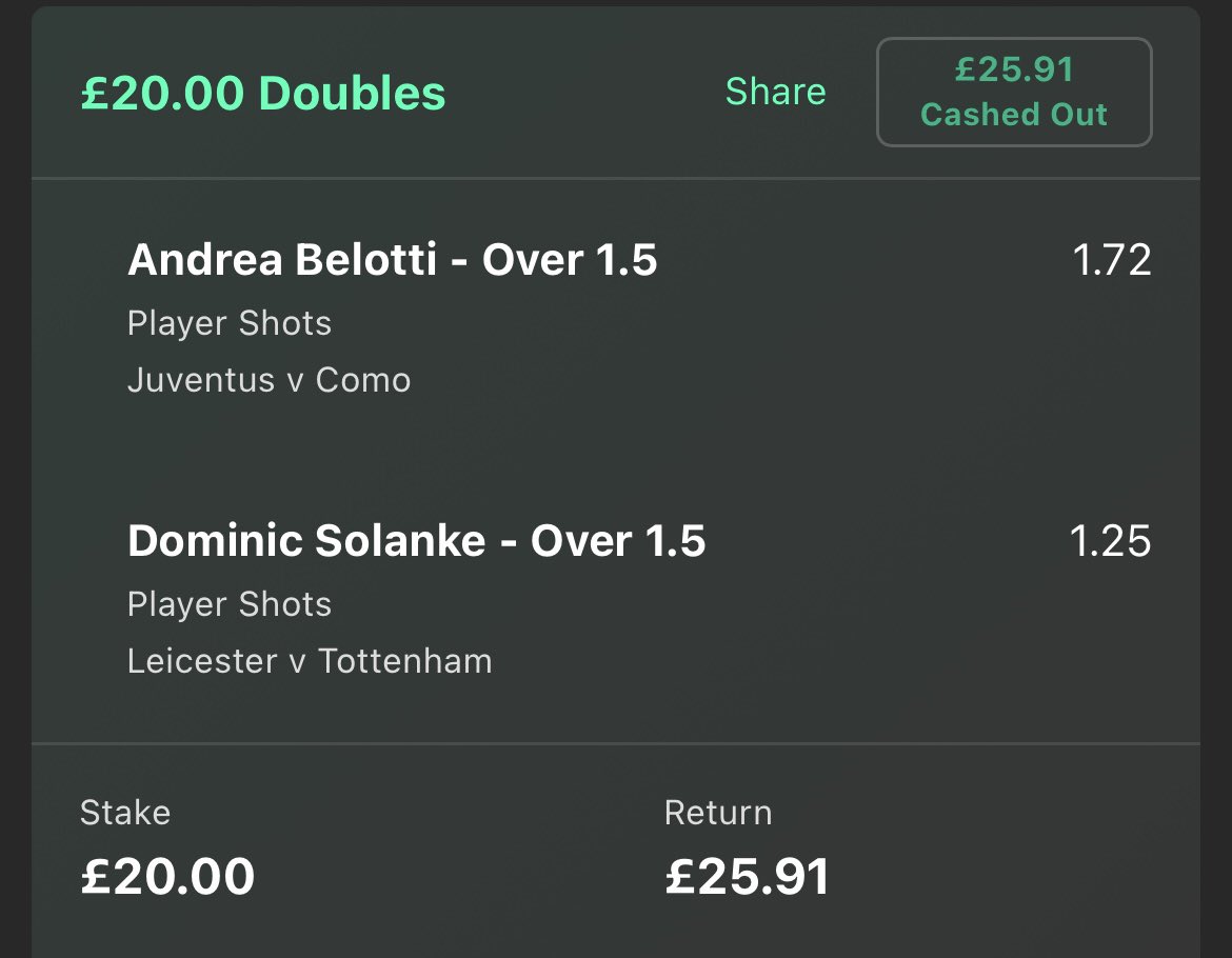 Bet 2 

Cashed out as Belotti was being subbed off. We are still alive! Onto tomorrow