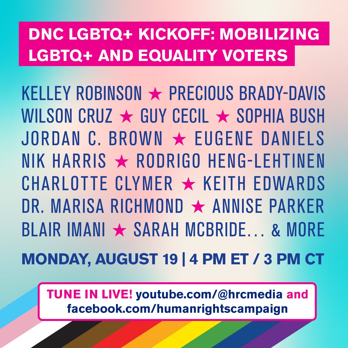 It is Day 1 of the DNC and we are getting the party started!

Head to HRC's YouTube to watch our live conversations with some of your favorite influencers and LGBTQ+ movement leaders as we discuss how to unlock the power of our community this election: youtube.com/live/uC_hn69Sp…