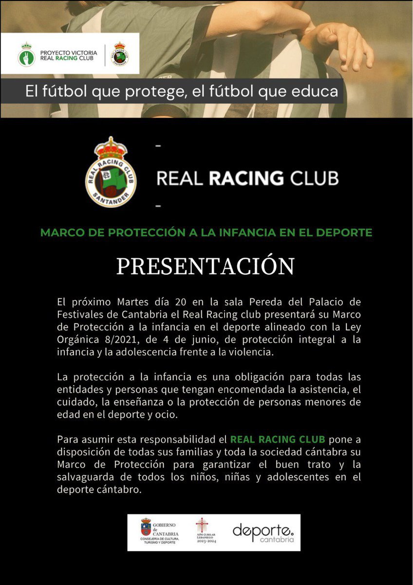 RacingCantera's tweet photo. ✨ Compromiso del @realracingclub en la lucha contra la violencia infantil en el deporte.
Mañana martes, a partir de las 17:30 horas, presentaremos en la Sala Pereda del Palacio de Festivales el #ProyectoVictoria. https://t.co/WSo2u1lt6C