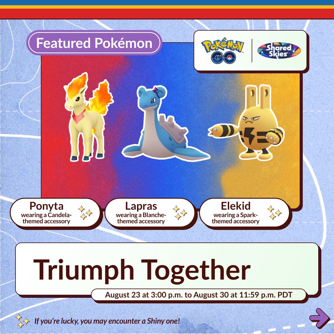 PokemonGoApp's tweet image. Trainers, get ready to assemble your Pokémon to complete themed Global Challenges to unlock bonuses during the Triumph Together event in #PokemonGO! 💪✨👀

Friday, August 23, at 3:00 p.m. to Friday, August 30, at 11:59 p.m. PDT

👉 pokemongolive.com/post/triumph-t…