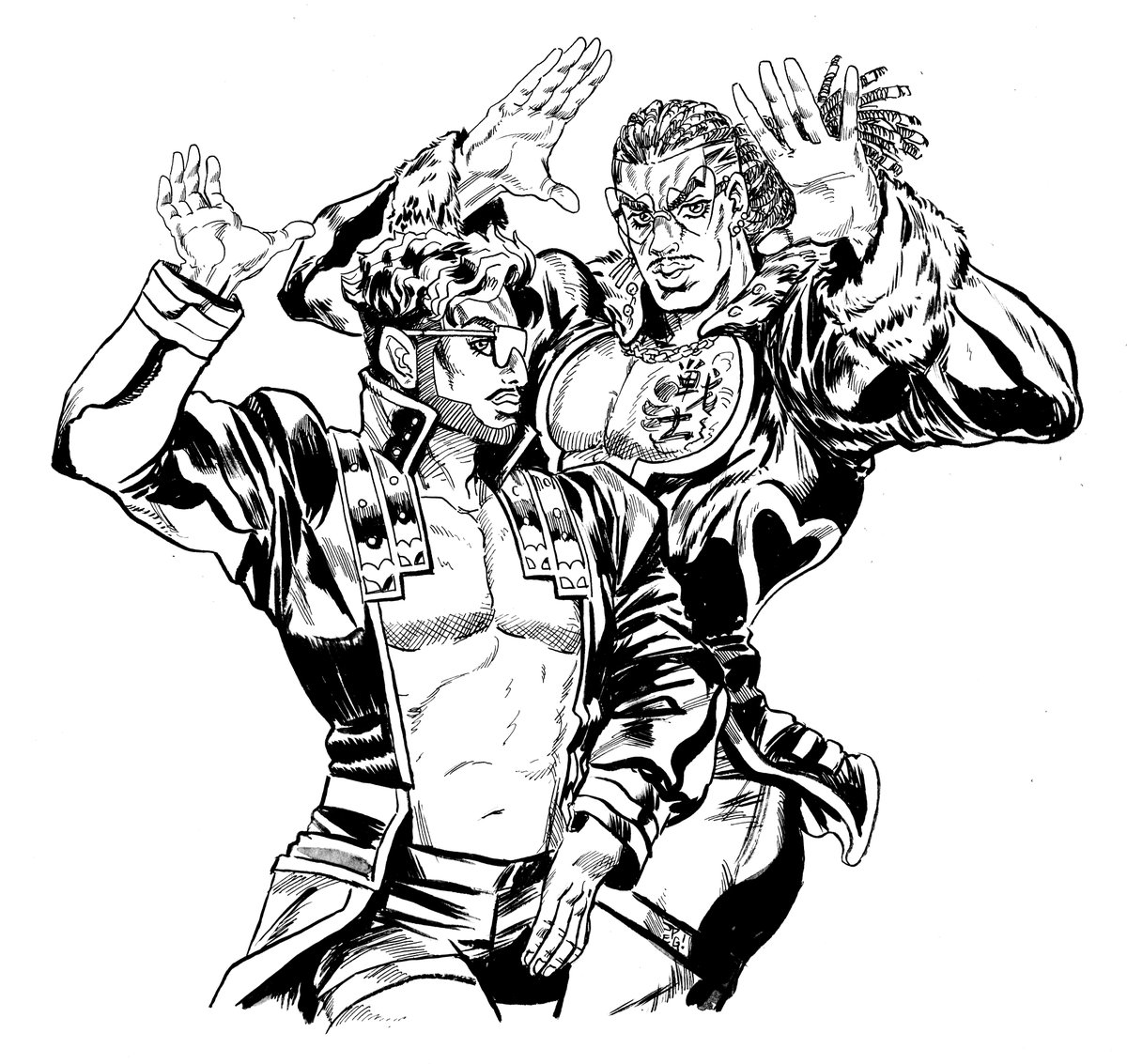 Jpegolden's tweet photo. Alright, I went ahead and did it, MxM Collection in a Part 3/4 Araki pastiche. 

I used to do Jojo's inspired drawings a lot when I was in college, I kinda forgot how hard it is to get that aesthetic right! 

@GREATBLACKOTAKU @suavemansoor https://t.co/kQNqlYmai1