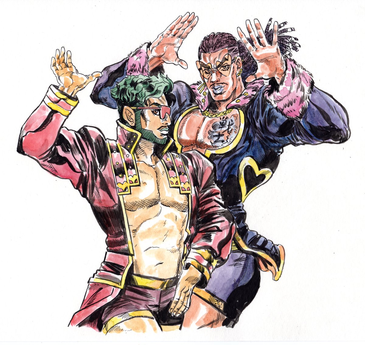 Jpegolden's tweet photo. Alright, I went ahead and did it, MxM Collection in a Part 3/4 Araki pastiche. 

I used to do Jojo's inspired drawings a lot when I was in college, I kinda forgot how hard it is to get that aesthetic right! 

@GREATBLACKOTAKU @suavemansoor https://t.co/kQNqlYmai1
