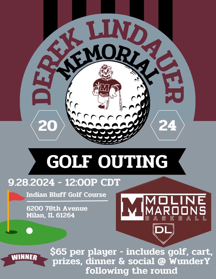 molinebaseball's tweet photo. The Derek Lindauer Memorial Golf Outing is rapidly approaching, get your group registered today! Contact cschimme@molineschools.org for inquiries. We'll have Yeti's, hats, various Moline Baseball items available at the course. 9/28/24 - Noon CDT. We hope to see you there! https://t.co/BNXyafwBA6