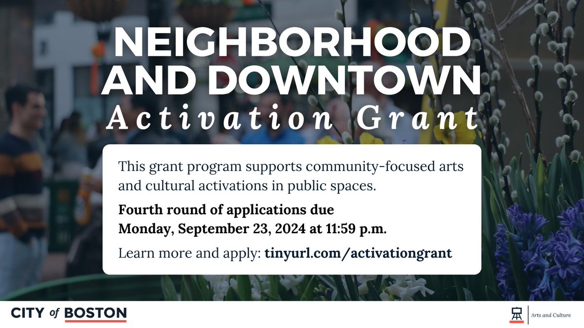 We're accepting applications for the fourth round of Neighborhood and Downtown Activation Grants! 🌟

Grant amounts: $5,000 to $100,000
Deadline: Mon. Sept. 23 at 11:59 p.m.
Learn more: tinyurl.com/activationgrant