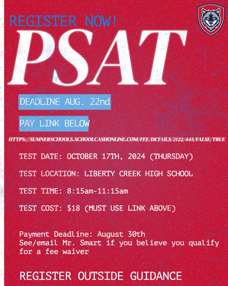 Attention Sophomores and Juniors! Interested in taking the PSAT? This test is used to determine National Merit Scholarships. There will be an Interest Meeting in the Event Center tomorrow during Pack Time. The test cost is $18.