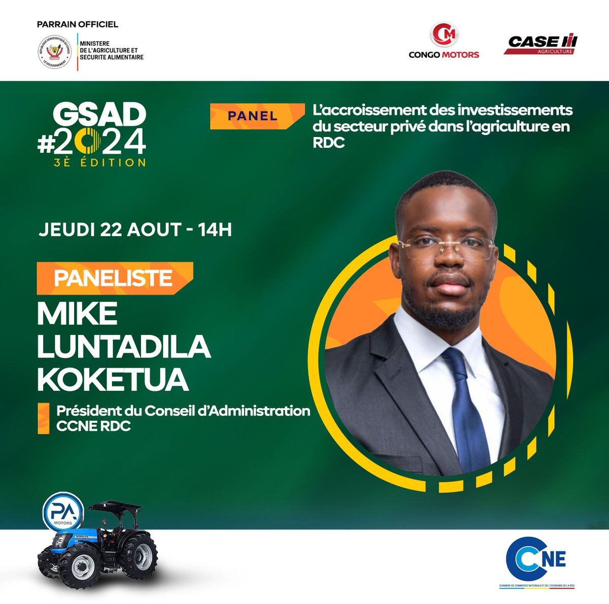 Monsieur Mike Luntadila Koketua, Président du Conseil d’Administration de la CCNE RDC, sera avec nous ce jeudi. Deux panels vous permettront de découvrir ses insights sur le développement agricole en République Démocratique du Congo :

🌟 Jeudi 22 août à 11h : Présentation de la
