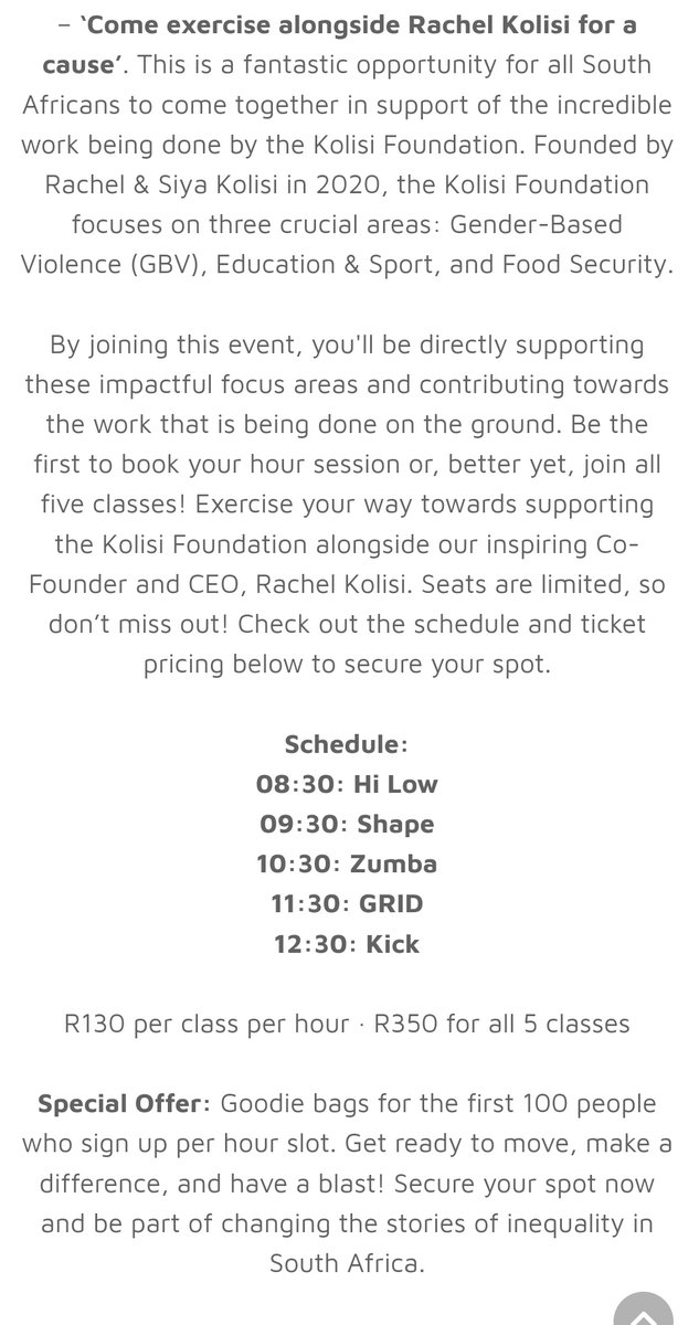 Zakes_Mda's tweet image. PS you don't have to be a Virgin Active member...LET'S MOVE FOR A CAUSE! 🫶🏾

To purchase your ticket(s), please click the link webtickets.co.za/v2/event.aspx?…

#FetchYourBody2024 #HiLow #Shape #Zumba #Grid #Kick #MDAThePeoplesTrainer #Shani #VirginActiveXKolisiFoundation
#MoveWithKolisi