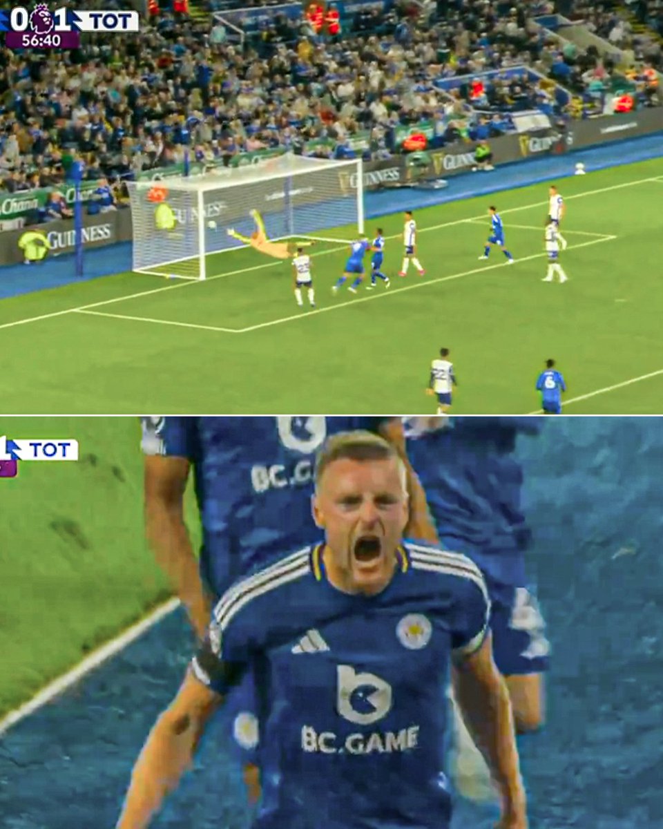ESPNFC's tweet photo. VARDY PARTY IN LEICESTER 🔥 

JAMIE VARDY EQUALIZES FOR LEICESTER CITY IN THEIR FIRST MATCH BACK IN THE PREMIER LEAGUE 👏 https://t.co/MXZrHRqJsk