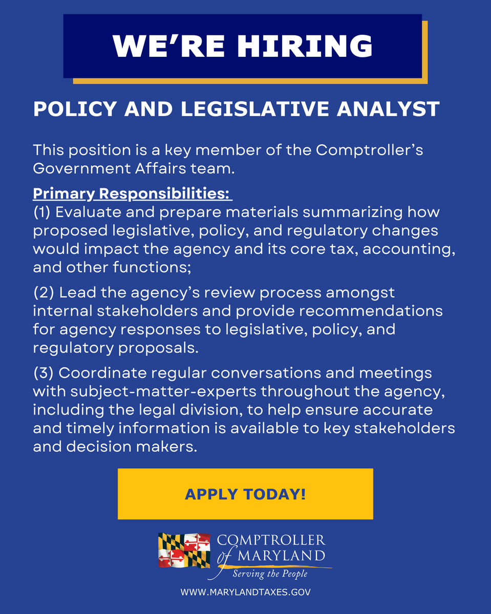 MDComptroller's tweet photo. #TeamComptroller is looking for a Policy and Legislative Analyst to join our dynamic Government Affairs team! If you're passionate about public policy and want to make an impact, apply today!
https://t.co/2RSLb976dM https://t.co/AntgszKAXI