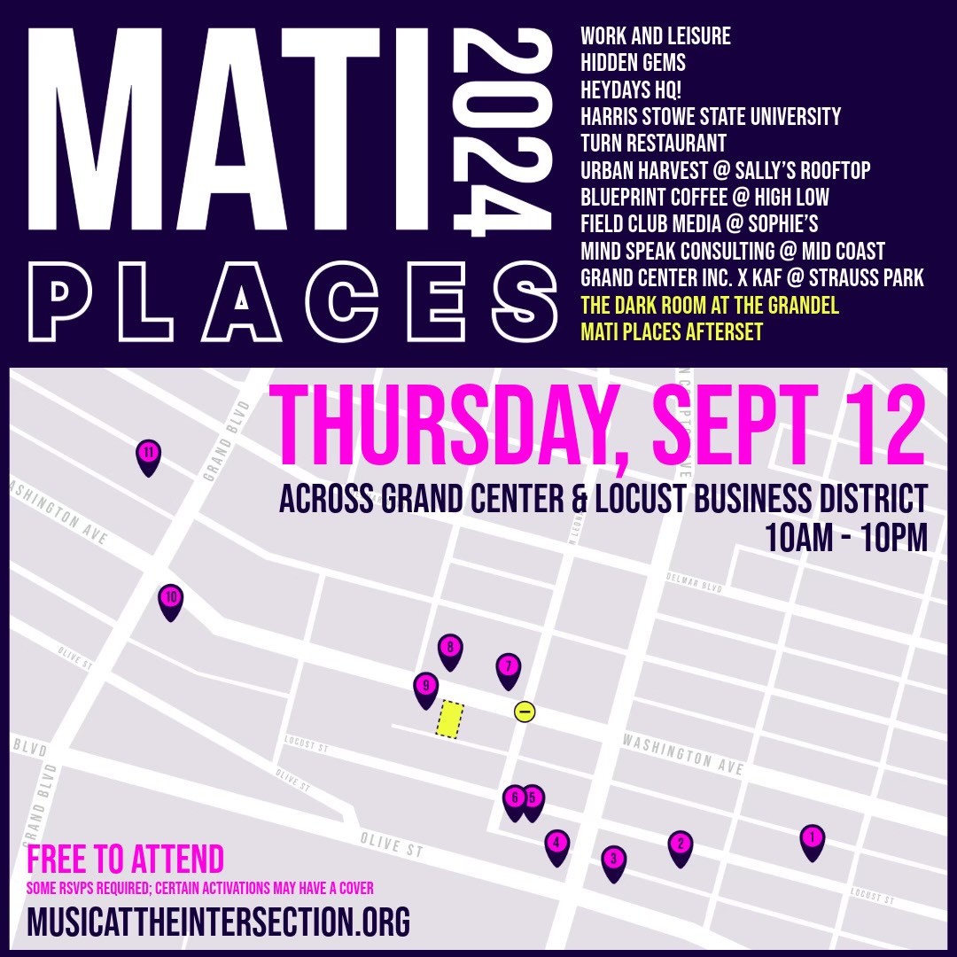 🎉 Get ready for “MATI Places”! 🌟 On Thursday, September 12, stroll through St. Louis’ central corridor and enjoy unique music, art, and community events.