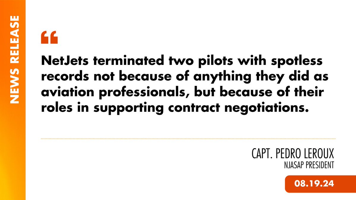 NJASAP's tweet photo. Unjust, Unlawful + Retaliatory ... #OnlyNetJets’ decision to terminate the employment of two Union officials for their roles in supporting recent contract negotiations is unprecedented. | https://t.co/5vAQxfg42w | #Aviation #Labor #UnionStrong #Pilots https://t.co/CmHoC5gJq8