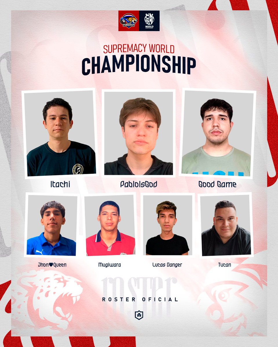 Paraguay Team (@paraguayteamcr) on Twitter photo Presentación de Roster🇵🇾
¡Estos son los Leones que defenderán la Garra Guarani en el Mundial de <a href="/CR_Supremacy/">Supremacy League</a>!
🔴 <a href="/itachi_uchiha65/">Itachi</a>
⚪ <a href="/IsGod_Pablo/">PabloIsGod</a>
🔵 <a href="/GoodGameCr13/">GoodGame</a>
🔴 <a href="/jhonQueen54/">jhon</a>
⚪ <a href="/RodrigoAre45916/">Mugiwara</a>
🔵<a href="/TheDanger101/">LUCAS⛔DANGER_10</a>
🟡 <a href="/TucansitoAlv/">Tucansito</a>
VAMOS ALBIRROJA🦁🔵⚪🔴
#TeamParaguay Presentación de Roster🇵🇾
¡Estos son los Leones que defenderán la Garra Guarani en el Mundial de <a href="/CR_Supremacy/">Supremacy League</a>!
🔴 <a href="/itachi_uchiha65/">Itachi</a>
⚪ <a href="/IsGod_Pablo/">PabloIsGod</a>
🔵 <a href="/GoodGameCr13/">GoodGame</a>
🔴 <a href="/jhonQueen54/">jhon</a>
⚪ <a href="/RodrigoAre45916/">Mugiwara</a>
🔵<a href="/TheDanger101/">LUCAS⛔DANGER_10</a>
🟡 <a href="/TucansitoAlv/">Tucansito</a>
VAMOS ALBIRROJA🦁🔵⚪🔴
#TeamParaguay