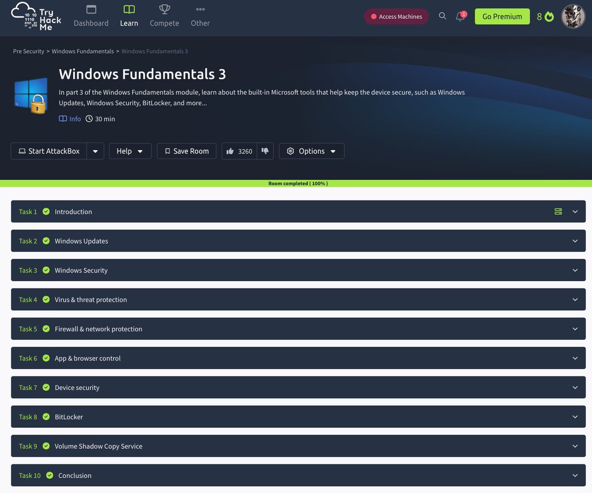 proxium's tweet photo. Day 17 of #30DaysofKaizenChallenge

In part 3 of Windows Fundamentals, I explored Microsoft’s built-in security tools like Windows Updates, Windows Security, and BitLocker. So much more to discover in Windows OS!

@allenharper
@tryhackme
#LearnInPublic 
#EthicalHacking https://t.co/WOL783crTh
