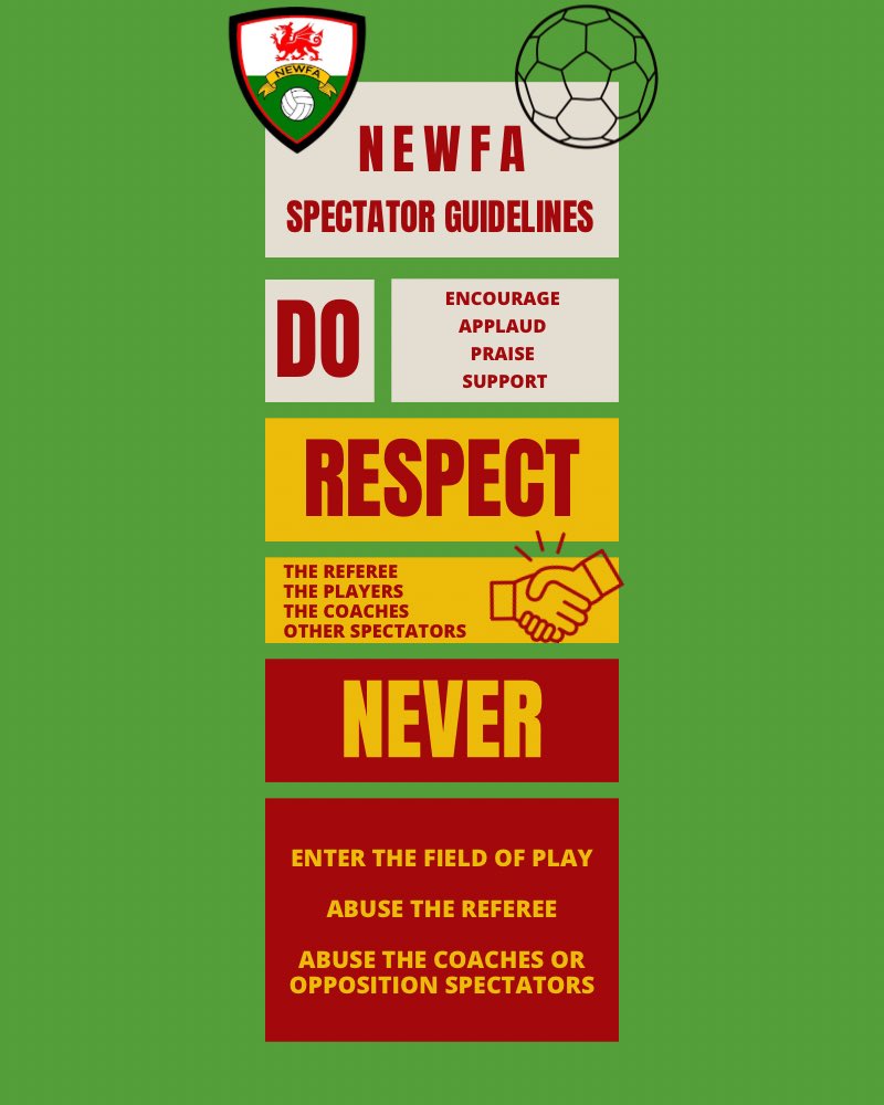 NEWalesFA's tweet photo. As the start of the Season for our Youth Leagues approaches, NEWFA are issuing the following Guidelines for Spectators to follow when watching football in our area. 

Aimed at enhancing the experience for all stakeholders on a match day! https://t.co/MM4rdNBIry
