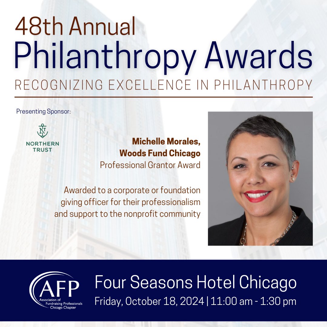 afpchicago's tweet photo. AFP Chicago is honored to recognize Michelle Morales, Woods Fund Chicago with the "Professional Grantor Award" which is awarded to a corporate or foundation giving officer for their professionalism and support to the #nonprofitcommunity. Register now: https://t.co/kkOkVVAZWH https://t.co/EaOiPlAuHR