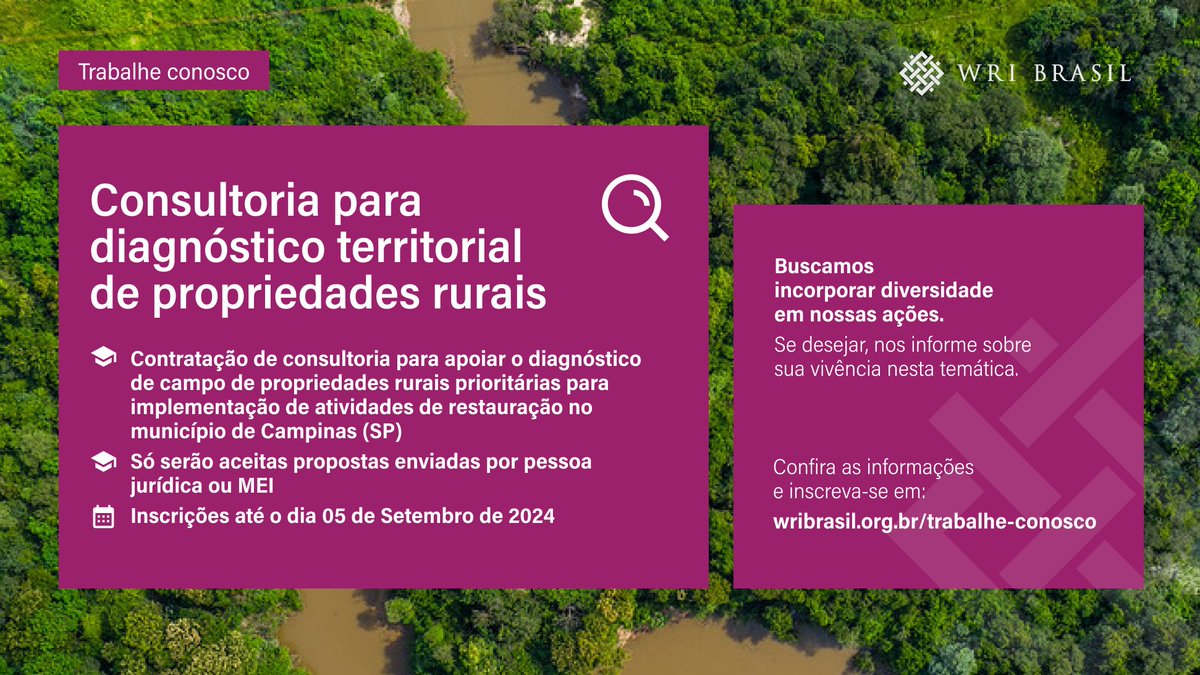 Estamos em busca de uma Consultoria para diagnóstico territorial de propriedades rurais.

Confira mais detalhes e inscreva-se em: wribrasil.org.br/trabalhe-conos…