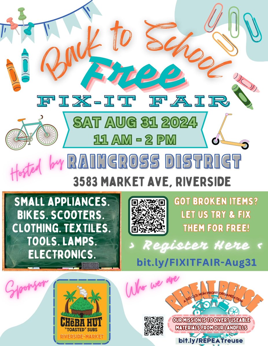 rongonz's tweet image. Free Fix-it Fair on Saturday, Aug. 31, 2024 from 11 a.m.-2 p.m. Register and see if a volunteer can repair your broken item. Location: Raincross District at 3583 Market St. Info: Contact Lynda at repeat.recycle@gmail.com.
See bit.ly/FIXITFAIR-Aug31 #iloveriverside