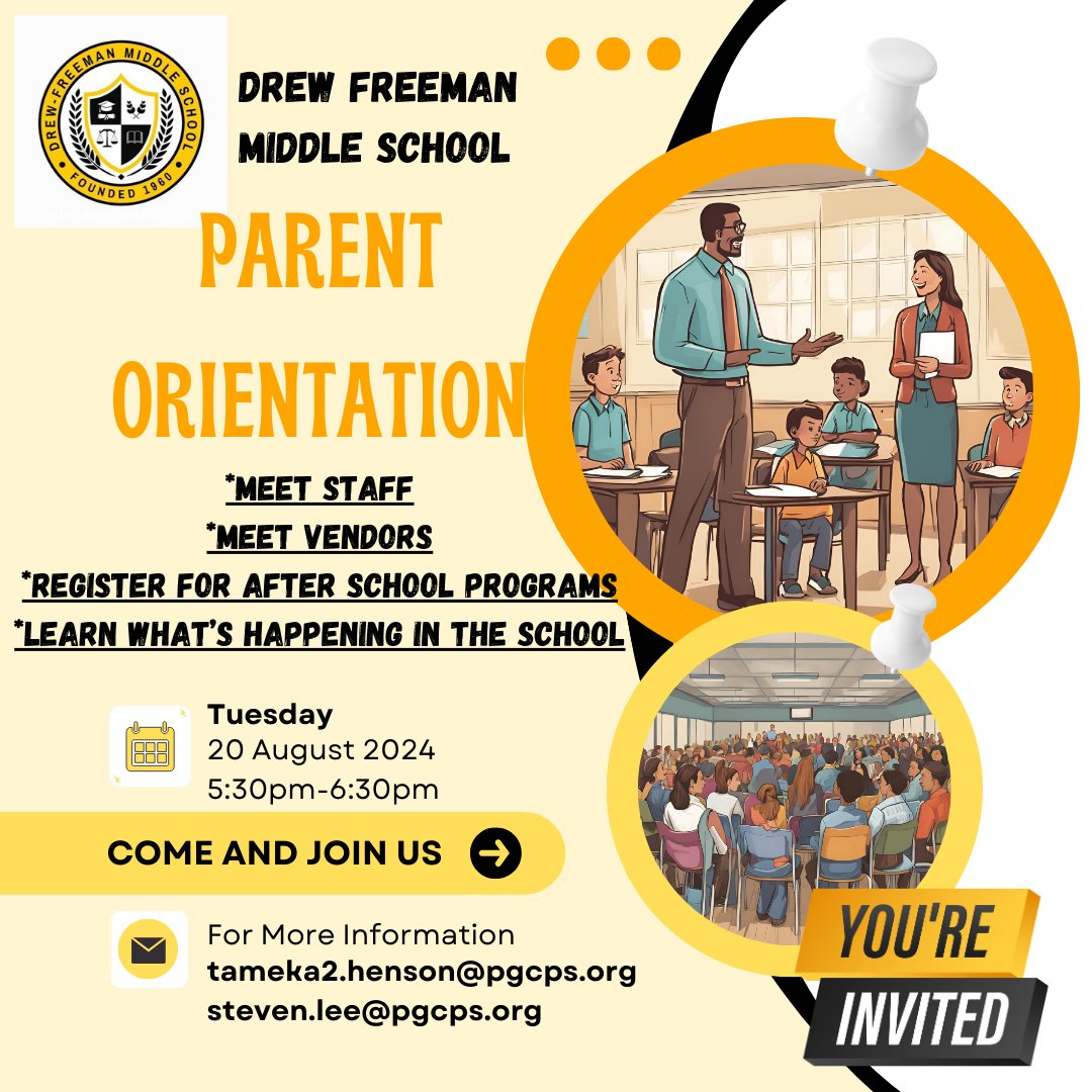 DFMS_PGCPS's tweet image. Welcome to the 2024-2025 academic school year, Falcon Family! Join us on Tuesday, August 20th, at 5:30pm, for Parent Orientation. This session is intended for incoming 6th grade students and any new 7th or 8th grade students to DFMS. 
#Falconpride #DFMS #PGCPS