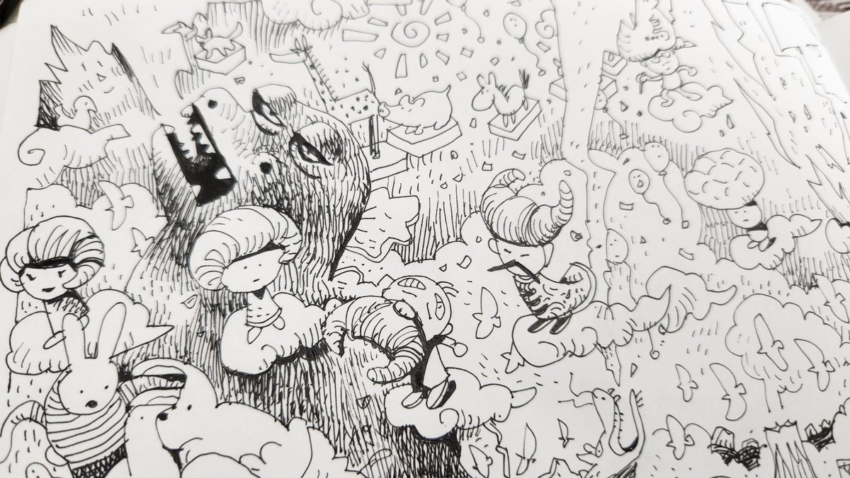 【楽描き/ラクガキ】
19日(月)～24日(土) 

別府の大学で『漫画制作』夏季集中講義。今朝の課題はペンに身を委ねての『漫描き/そぞろがき』どんな線が飛び出すのか自分でもわからないのがラクガキの楽しみ。写真はお手本にとして私が制作したラクガキ。 