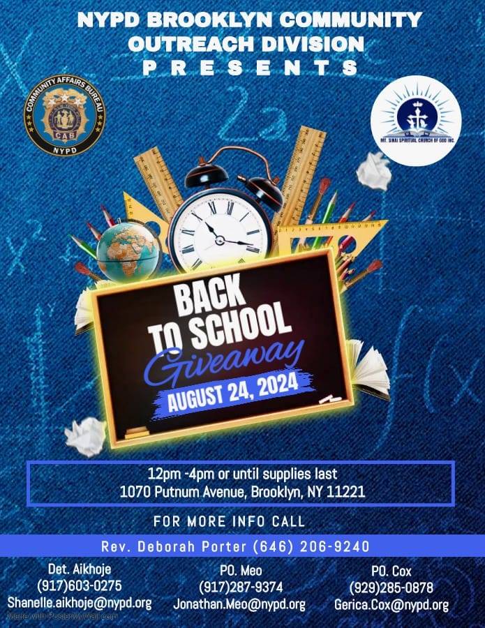 Back to school giveaway!

When: Saturday, August 24
Where: 1070 Putnam Ave, Brooklyn, NY

See the flyer ⬇️ for details.