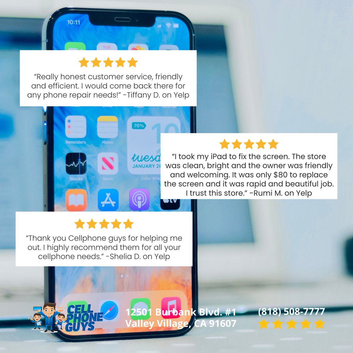 mycellphoneguys's tweet photo. π€ We appreciate our valued customers! βββββ #CellPhoneGuys is a 5-Star Yelp rated business with over 600 reviews! πββοΈ Get your iPhone repaired with the highest quality replacements parts at the lowest price in town, guaranteed. π€ https://t.co/NEdpaoS9jK