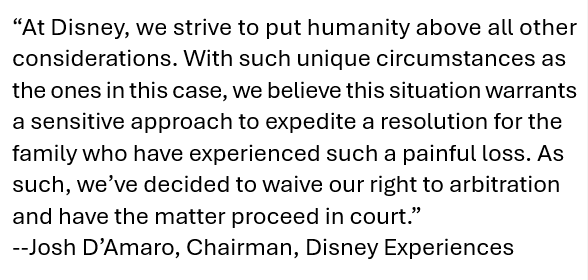 ScottGustin's tweet photo. NEW: In a new statement about the Raglan Road wrongful death lawsuit, Disney Experiences Chairman Josh D’Amaro says Disney will waive its right to arbitration and will allow the matter to proceed in court to "expedite a resolution for the family." Full statement: https://t.co/ylmaXXOq2Z
