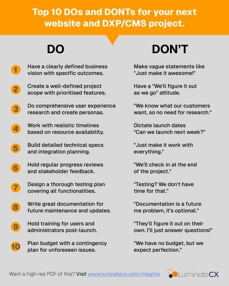 luminateCX's tweet photo. 💡 As organisations embark on complex #web, #digital and #DXP projects, here's 10 things we reckon every Digital leader MUST remember!  Follow @LuminateCX for more interesting posts. https://t.co/CTDK3QWdP8