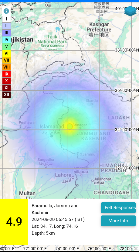 NCS_Earthquake's tweet photo. EQ of M: 4.9, On: 20/08/2024 06:45:57 IST, Lat: 34.17 N, Long: 74.16 E, Depth: 5 Km, Location: Baramulla, Jammu and Kashmir. 
For more information Download the BhooKamp App 
https://t.co/5gCOtjdtw0 
@DrJitendraSingh 
@OfficeOfDrJS 
@Ravi_MoES  
@Dr_Mishra1966 
@ndmaindia https://t.co/d0lLhp6IzN