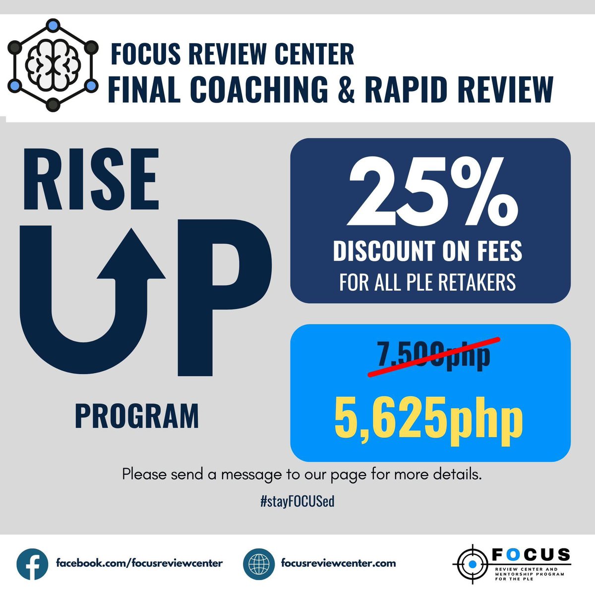 focusrevcenter's tweet photo. Hello future doctors!

We are thrilled to announce our Focus Rise Up program for our Final Coaching and Rapid Review 😃

All retakers are entitled to 25% discount on fees in our October 2024 Final Coaching and Rapid Review Program! 🤯🤯🤯

Register here:

https://t.co/S8HwAcAT3C https://t.co/TEion40HFU
