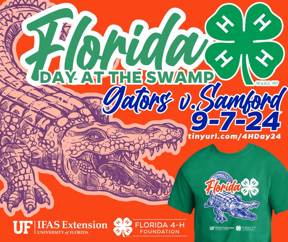 Can’t wait to see our <a href="/Florida4H/">florida4h</a>’ers in #TheSwamp for #4HDay 🍀💙🐊 Get your tickets and game day shirt at tinyurl.com/4HDay24 

<a href="/UF_IFAS/">UF/IFAS</a> <a href="/IFAS_Extension/">Dr. Andra Johnson</a> <a href="/4H/">4-H</a> #GoGators
