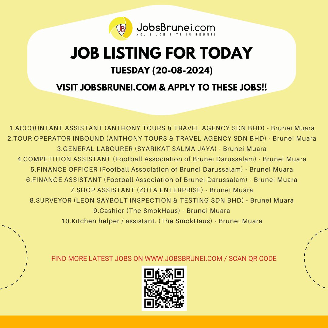 JobsBrunei's tweet photo. Latest jobs available on our job site, posted today. Visit https://t.co/7PJ3NFca1s to view more newly posted jobs.For more latest jobs, visit the link on our bio or scan QR Code https://t.co/jIzn0HlGDr