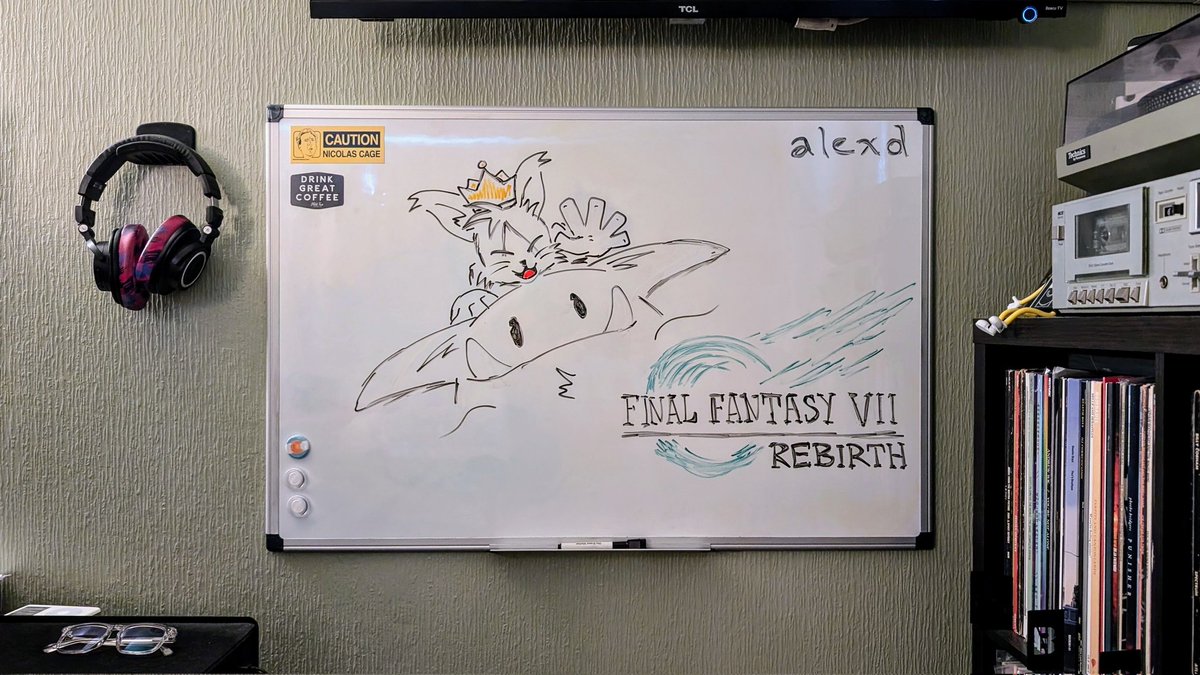Recently went back to finish this up: completely ridiculous and totally wonderful. #CurrentlyGamingCubicleArt #FinalFantasyVIIRebirth #WhatIsCaitSithEven 😸📣