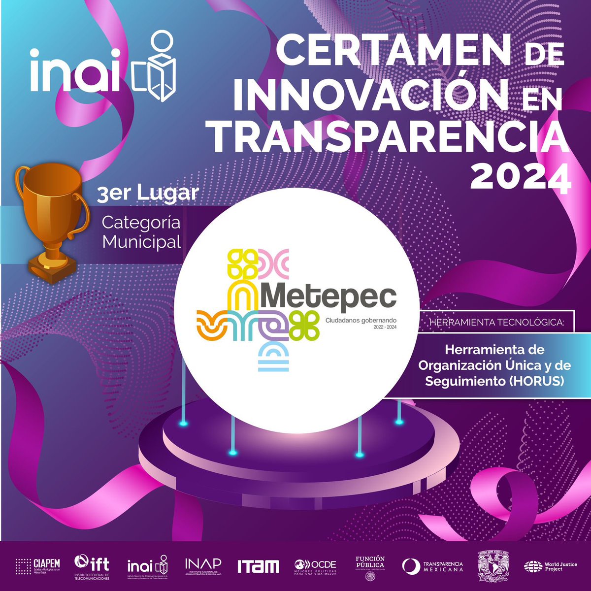 📌Nuestro ganador del🥉lugar en la Categoría #Municipal del Certamen de Innovación en Transparencia 2024 es para <a href="/MetepecGobierno/">Ayuntamiento de Metepec</a> 🏆 con su proyecto👇

💻 “Herramienta de Organización Única y de Seguimiento #HORUS” se llevan el merecido reconocimiento🏅

¡Enhorabuena!👏🏻