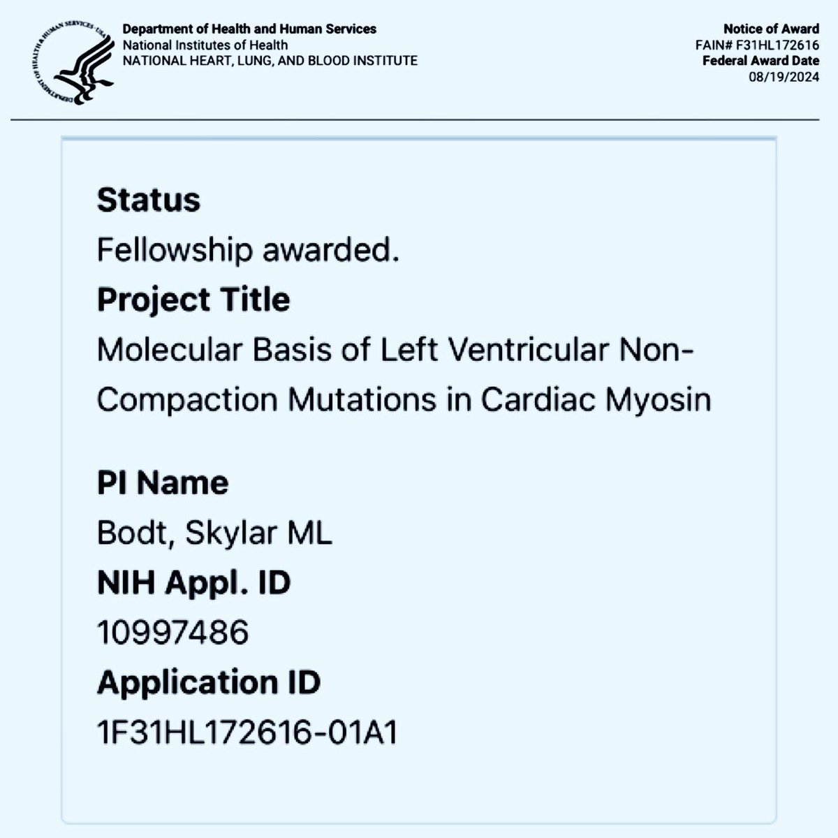 Today I received the Ruth L. Kirschstein Individual National Research Service Award Predoctoral Fellowship (F31) from the NHLBI. I am grateful to all my mentors and collaborators who contributed to the success of this submission! 
#NIH #F31 #Cardiology #myosin
