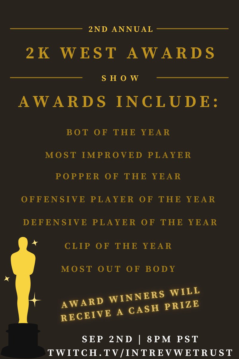 The 2nd Annual 2k Awards Show is on Sep. 2nd, 8pm PST! Gonna make this one bigger and better than last year so be sure to tune in 💥 

Cash prizes to winners 💵 

Nominees will be announced next Monday on Aug. 26th 📷😎

#NBA2K25 #Nba2k #2k24 #NBA2KCOMMUNITYDAY #2KCommunity